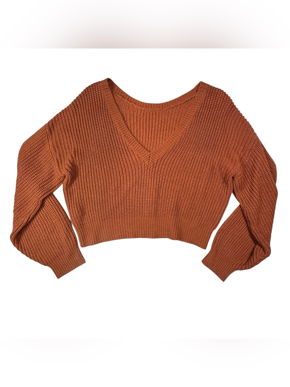 Lulu's Rust Cropped Ribbed Crewneck knitted Sweater with V cut back size M - Picture 3 of 5